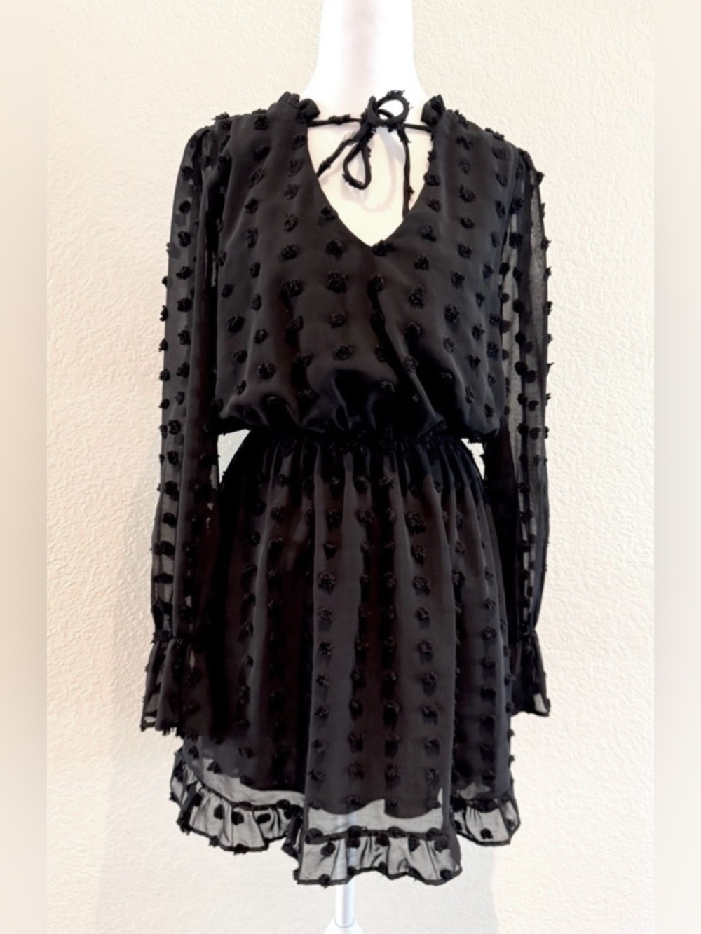 Midnight Doll Black Swiss Dot Chiffon Tie-Neck Dress | Size Medium | Like New
